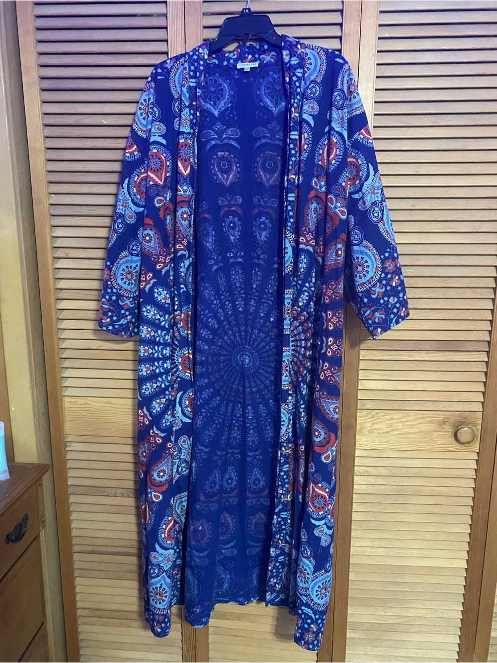 EARTHBOUND Navy Paisley & Mandala Open Duster with Red and Light Blue Accents